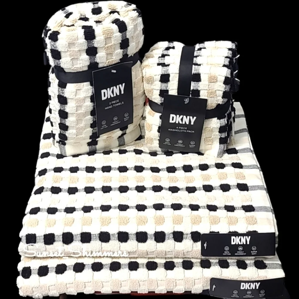 DKNY 8Pc 2 Bath 2 Hand 4 Washcloth TAN BLACK WHITE Gingham Check Towel Set NEW